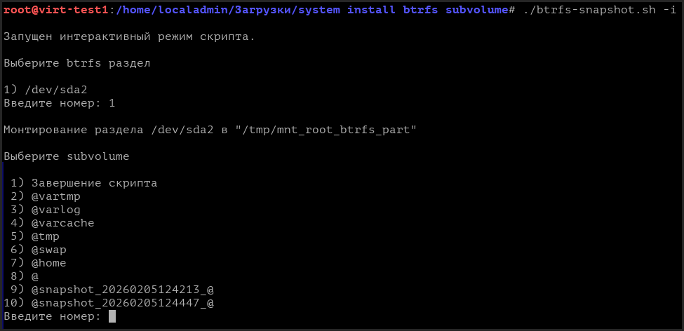 Интерактивный режим.Выбор раздела и выбор subvolume Интерактивный режим.Выбор раздела и выбор subvolume