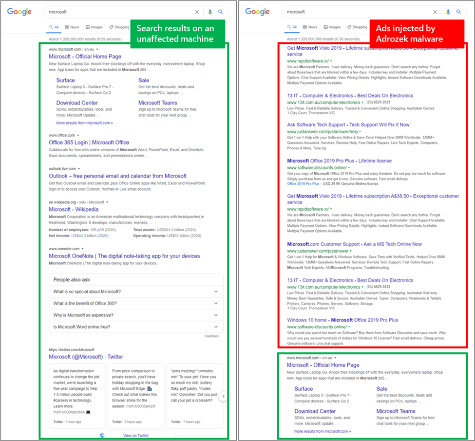 Примеры обычной и изменённой страниц поиска в Google