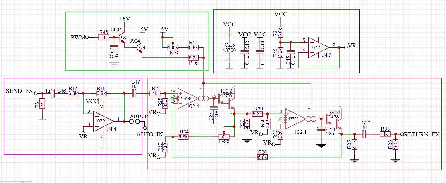 Принципиальная схема SVF фильтра с НЧ выходом, на однополярном питании со стабилизированной средней точкой.