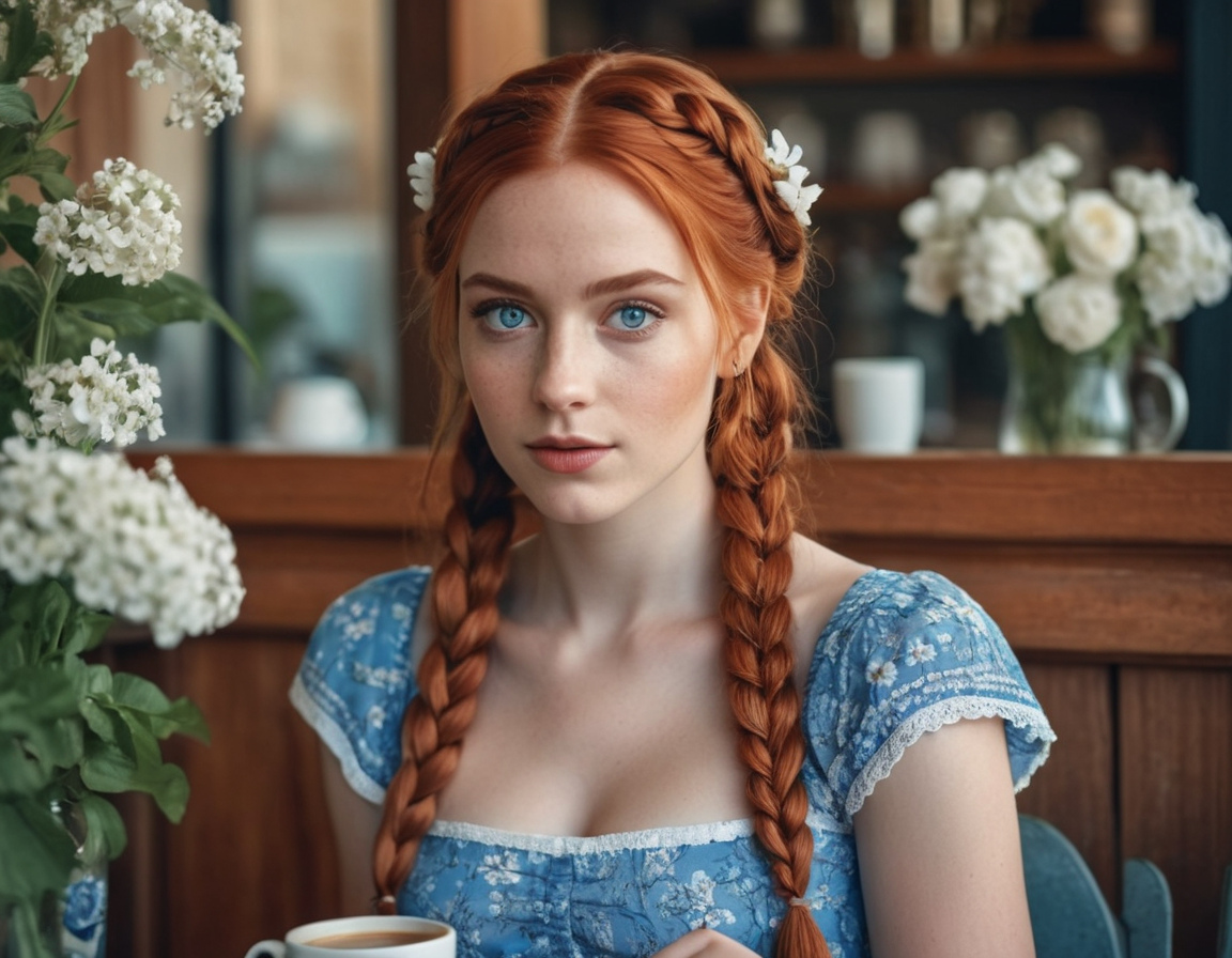 Photo of a beautiful girl 28 years old, red hair braided in braids, big blue eyes. Dressed in a beautiful blue dress with white flowers. Day, summer, sitting in a cafe, drinking coffee. Modern digital illustration, advertising poster.