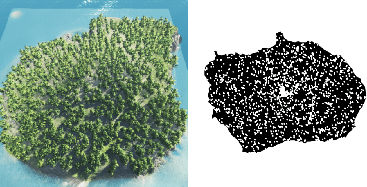 Пример созданного с помощью алгоритма распределения леса, реализованного в Unity