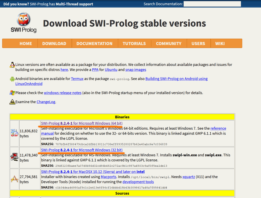 Сайт SWI Prolog - установщики последней стабильной версии