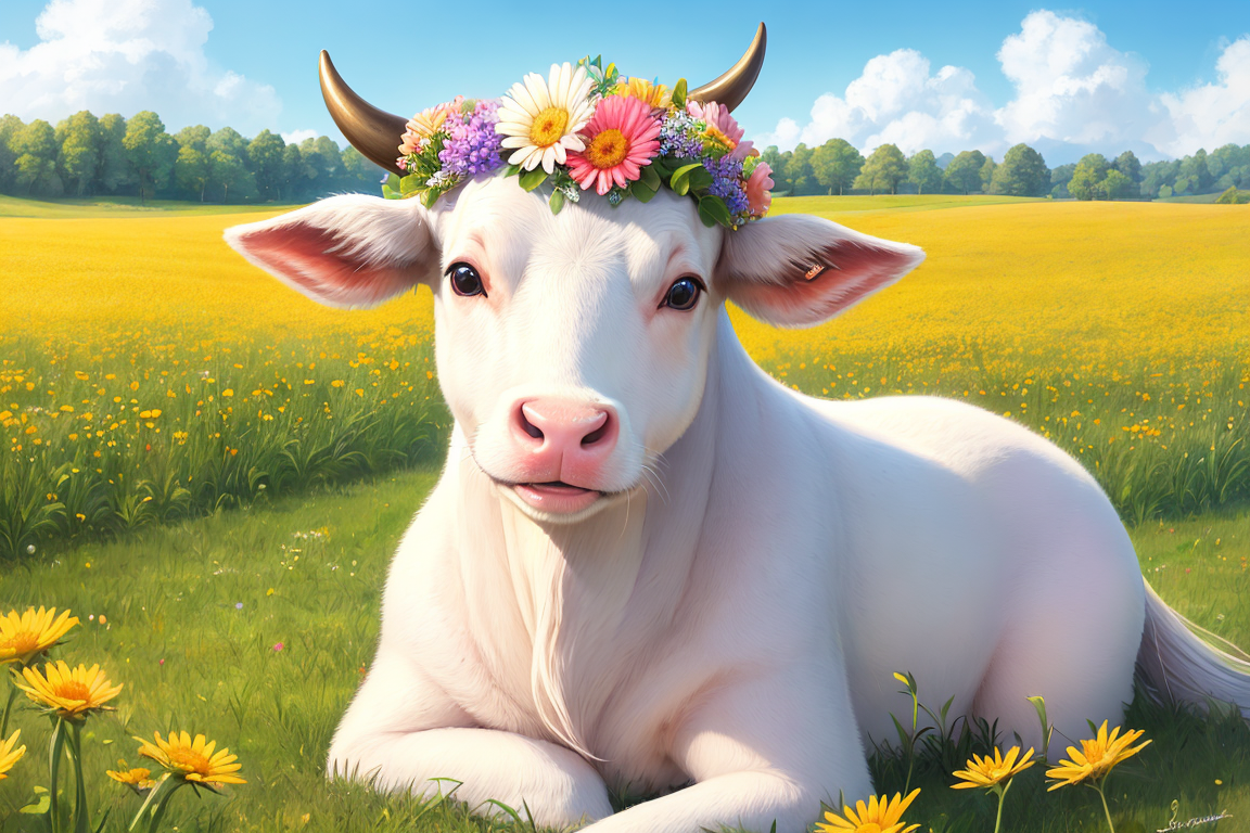 beautiful happy cow in a meadow with flowers in perfect hair to spike, (high wool detail)++, warm sunny day, (illustration style):1.2