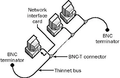 Рис. 31. Схема построения сети Ethernet стандарта 10Base-2. К коаксиальному кабелю с помощью «тройников» (BNC-T) подключаются станции. Кабель на обоих концах терминируется сопротивлением 50 Ом (BNC terminator).