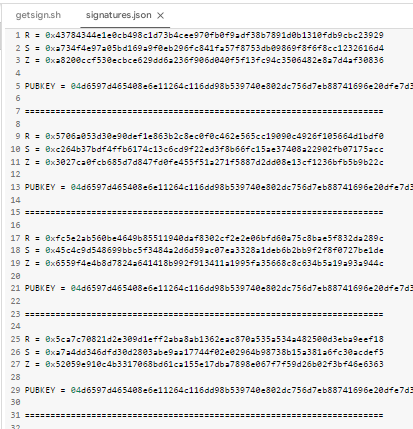 файл: "signatures.json"   публичный ключ Bitcoin и значение R, S, Z 