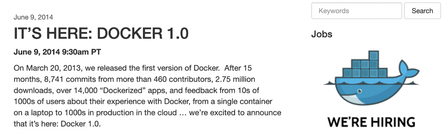 Официальный анонс Docker 1.0 в блоге компании (из веб-архива)
