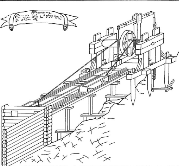 Так выглядела транспортировка при помощи канатной тяги: малое приводное колесо соединялось через передаточные механизмы с центральным