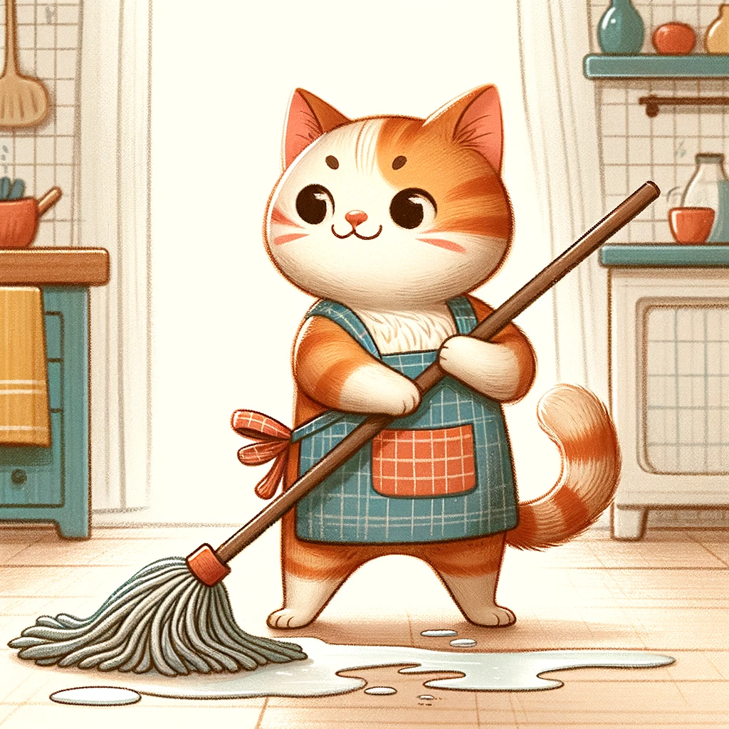 Here's a whimsical illustration of a cat ready to start cleaning with a mop. I hope you enjoy this lively and fun scene!
