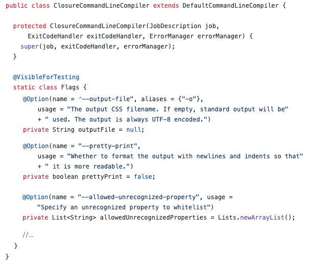 Все опции были описаны в классе ClosureCommandLineCompiler через  аннотацию