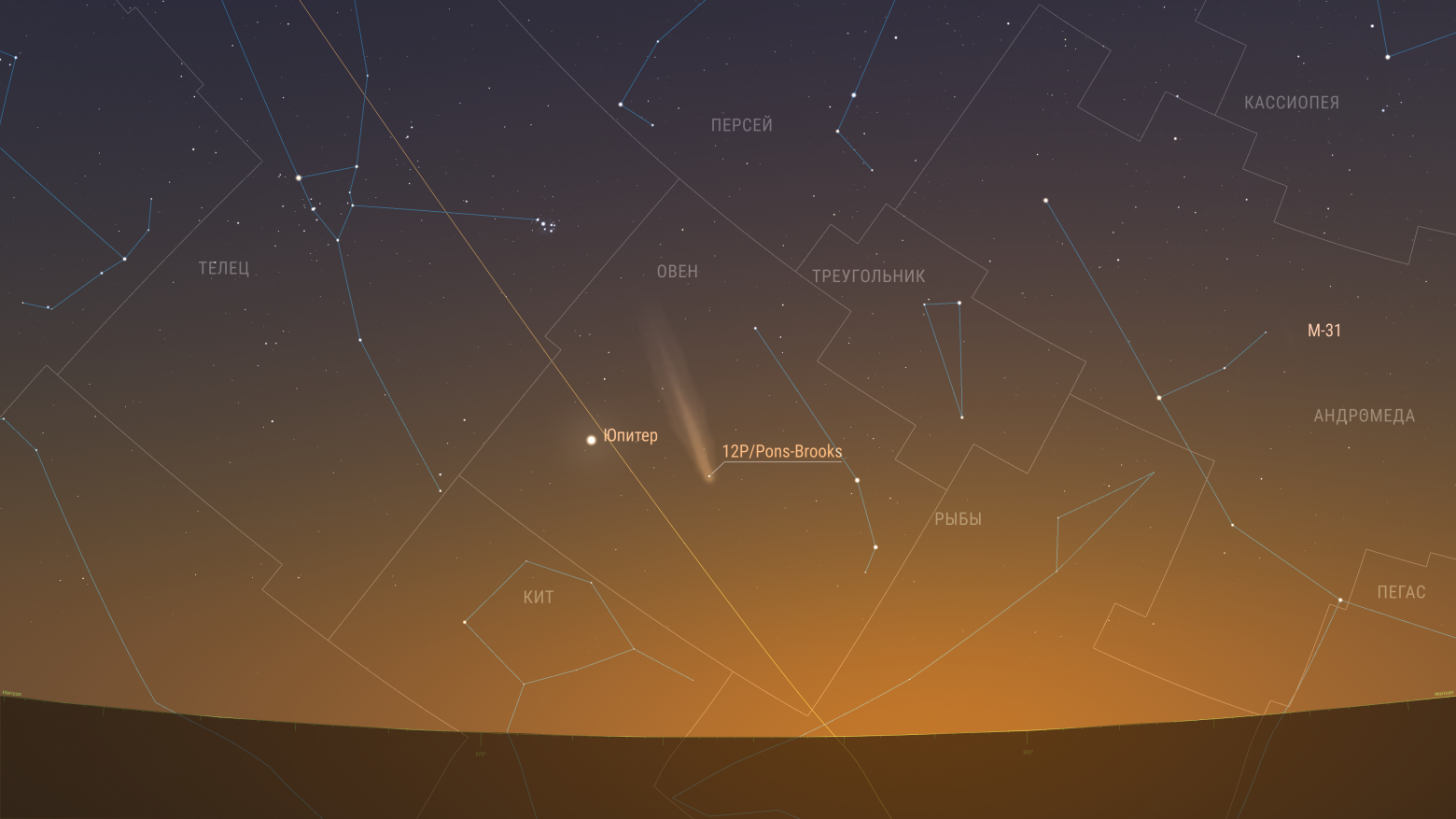 Комета продолжает движение по созвездию Овна и постепенно сближается с Юпитером. Предполагаемая звездная величина 3,96m. Элонгация 25 градусов.