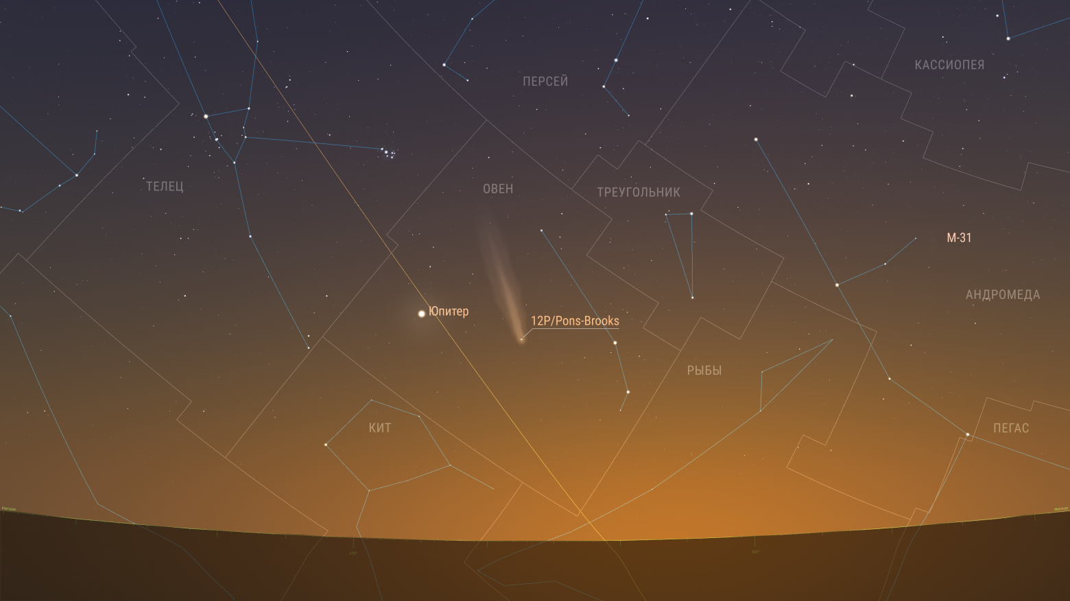 Комета продолжает движение по созвездию Овна и постепенно сближается с Юпитером. Высота над горизонтом к началу видимости уже менее 15 градусов. Предполагаемая звездная величина 4,00m. Элонгация 25 градусов.