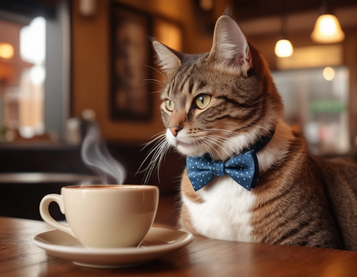 Cat with a bowtie in a coffee shop with steam effect in a cozy style