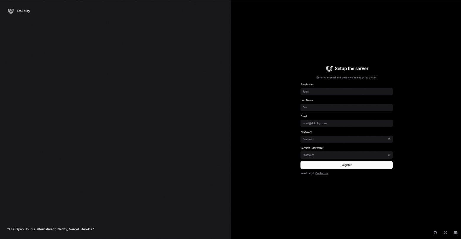 Впервые при заходе в Dokploy вы устанавливаете вход: Setup the server