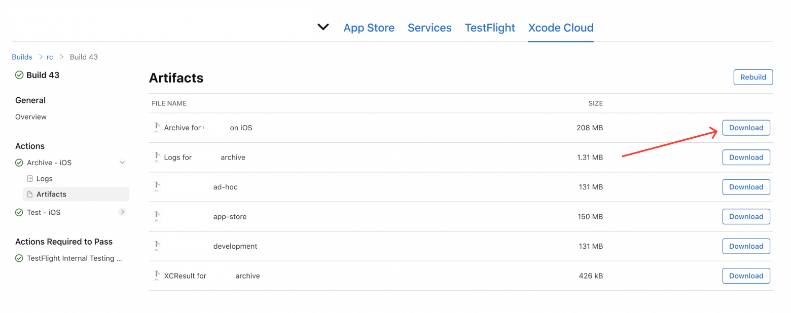 Скачать iOS архив интересующей сборки из артефактов Xcode Cloud