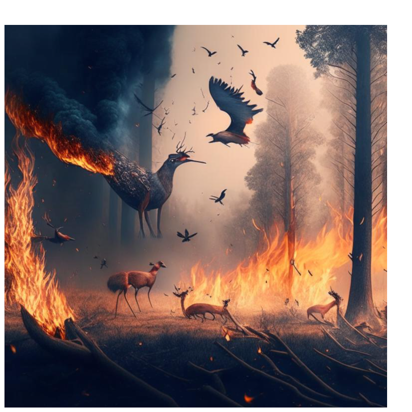 лесной пожар, в воздухе дым и пепел, и между горящими деревьями бежит олень, и летят птицы спасаясь от огня