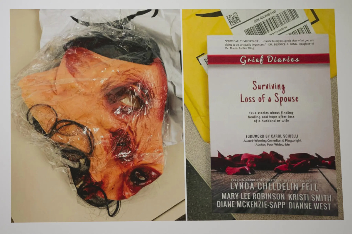 Плакат с фотографиями улик: окровавленной маски свиньи (слева) и книги под названием «Пережить потерю супруга». Cj Gunther/EPA, via Shutterstock
