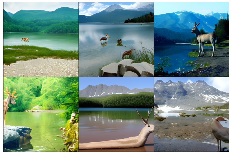 Images generated by ruDALL-E XL from the input "Озеро в горах, а рядом красивый олень пьёт воду" (“A lake in the mountains, with a beautiful deer drinking water nearby”)