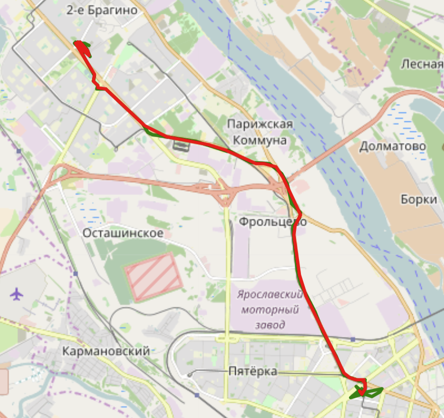 Отображение участка оригинального маршрута (зеленый) и маршрута после обработки (красный)