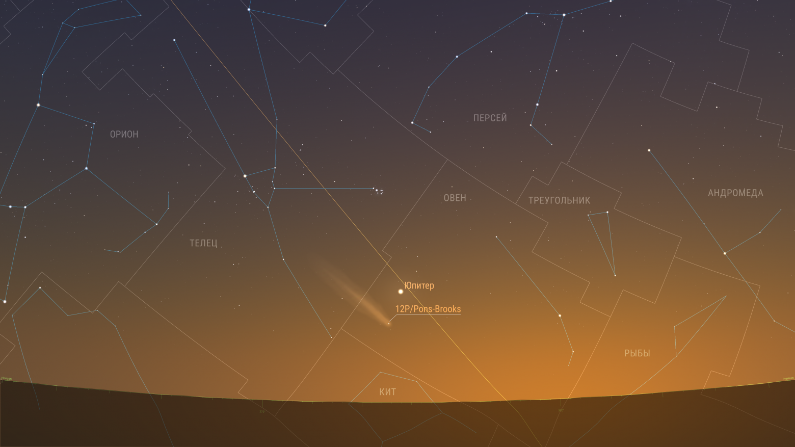 Комета продолжает движение по созвездию Овна и удаляется от Юпитера. Предполагаемая звездная величина 3,73m. Элонгация 23 градуса.