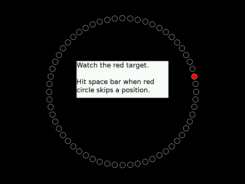 Скриншот задачи на бдительность «Часы Макворта» в компьютерной программе для психологических тестов PEBL. Нужно нажимать «пробел», когда красный кружок перескакивает на позицию.
