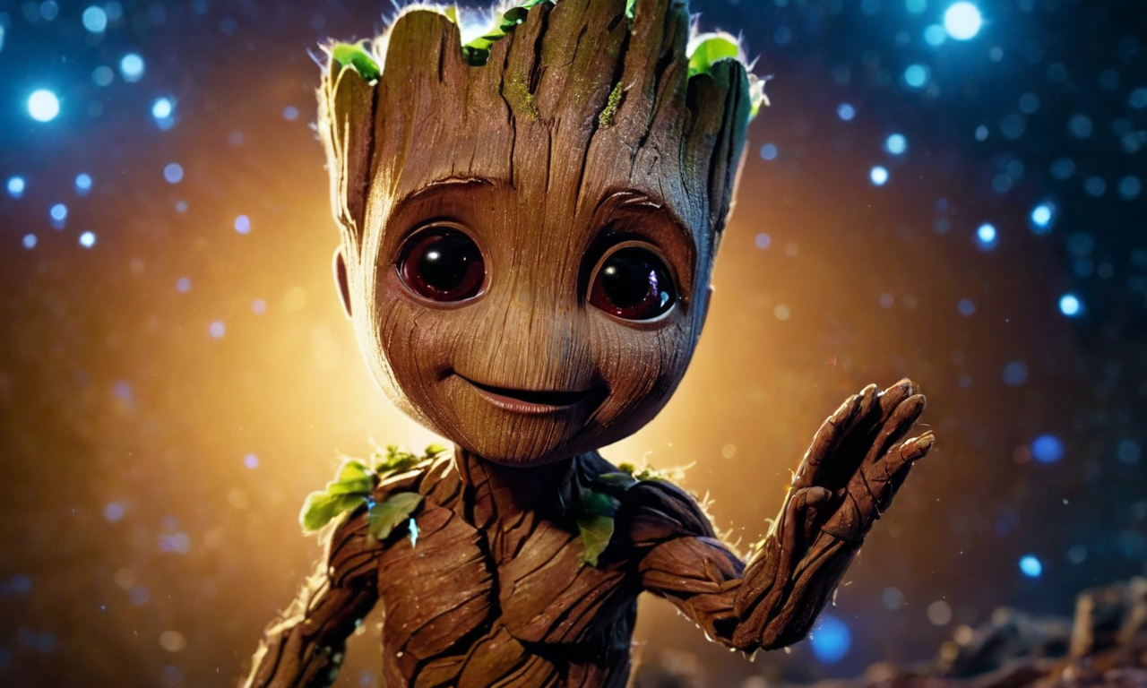 close-up of baby Groot bye-bye hand shake in the space, surrounded with firefly and blue sparkles