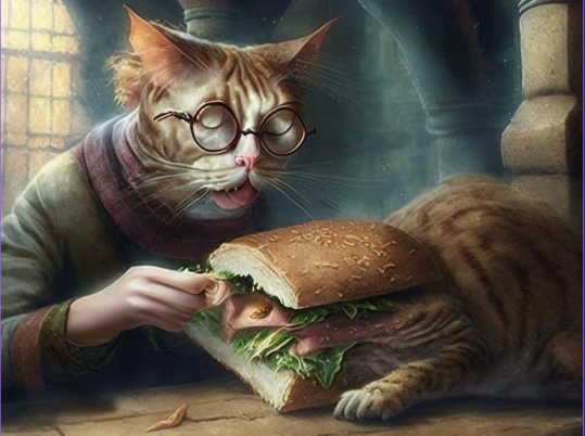 Гарри Поттер и кот Матроскин едят бутерброд