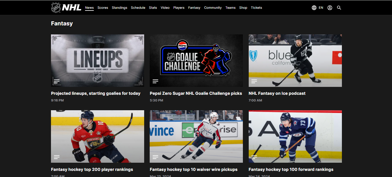 На сайте НХЛ фэнтези-хоккею выделен целый раздел