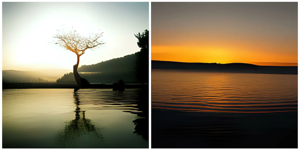 "Красивое озеро на закате" (“Pretty lake at sunset”)