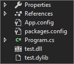 test.dll and test.dylib are fetched from the package