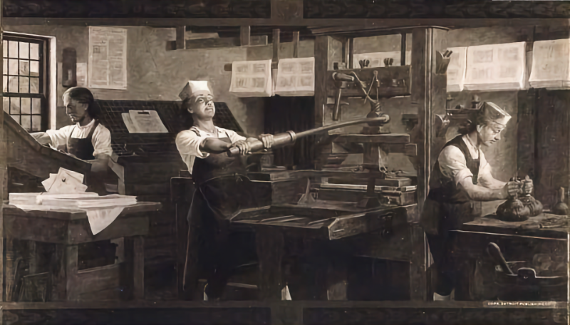 Репродукция картины Чарльза Миллса, изображающая работу в типографии Франклина