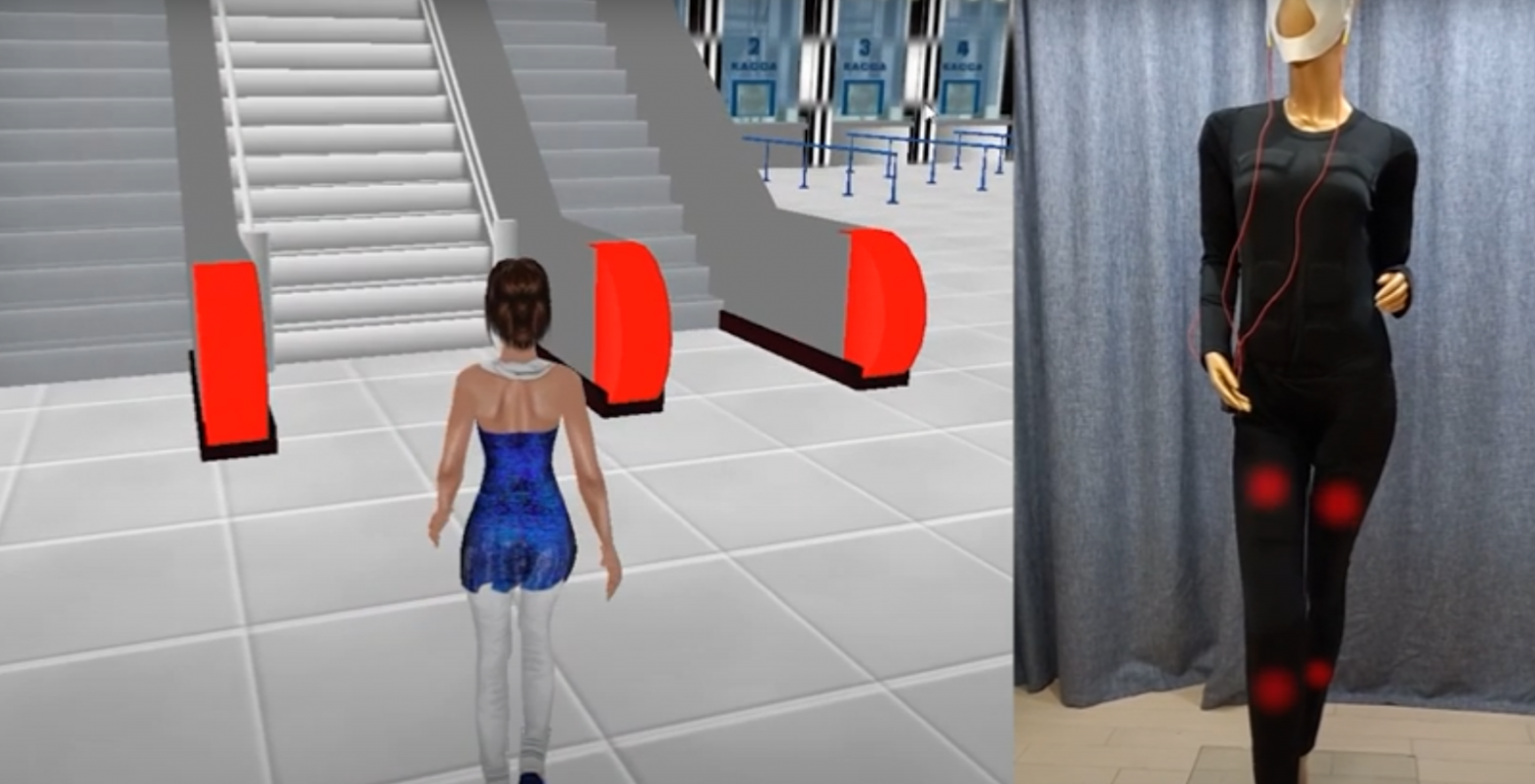 Скриншот из ролика, где показана активация мышц при помощи костюма Second Skin, соответствующая ходьбе
