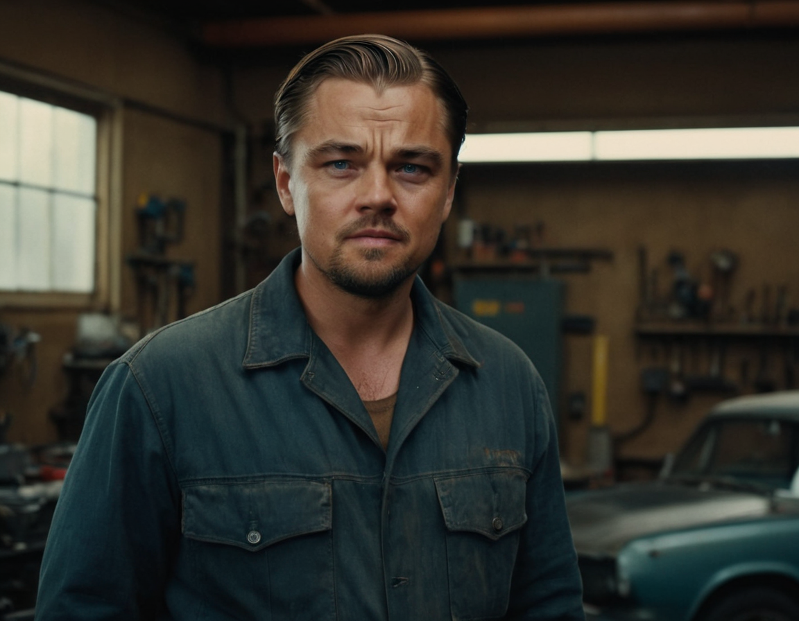 Leonardo DiCaprio as a mechanic in a garage with oil effect in a rugged style