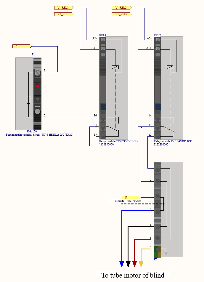 Схема подключения ПЛК к мотору рольставней.