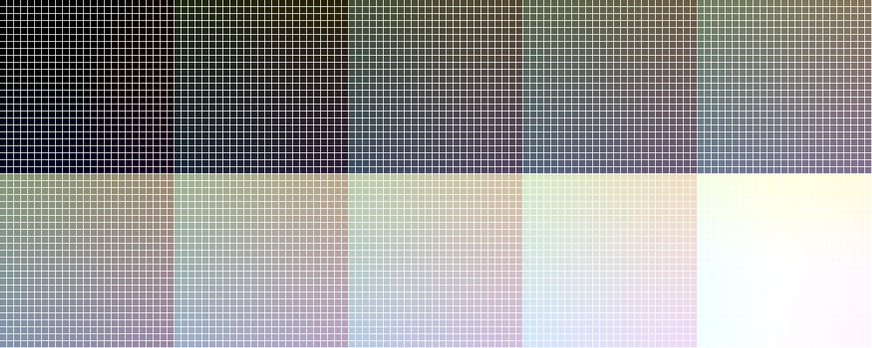Рис. 21 Цветное поле 25×25 SDCM вокруг точки белого с L от 0 до 100 с шагом в 10 единиц.