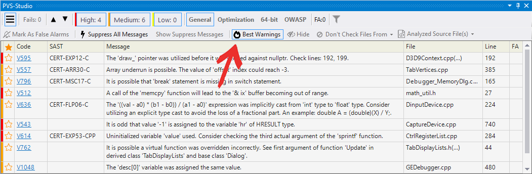 Example of a button in the PVS-Studio plugin for Visual Studio