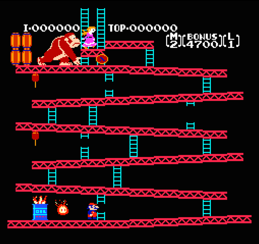 Снимок экрана 8-битной видеоигры Donkey Kong. 1981.