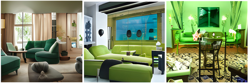 "Шикарная гостиная с зелеными креслами" (“Elegant living room with green stuffed chairs”)