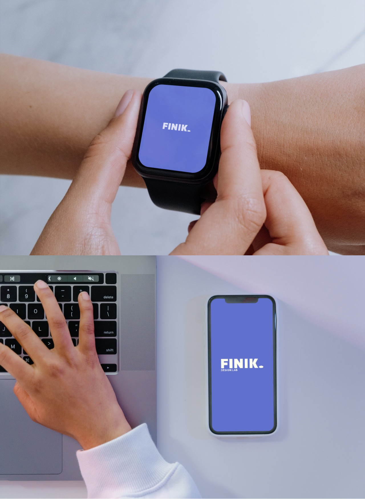 Пример работы с логотипами — схематичный значок на часах и полноценный логотип на смартфоне. Дизайн FINIK Design Lab