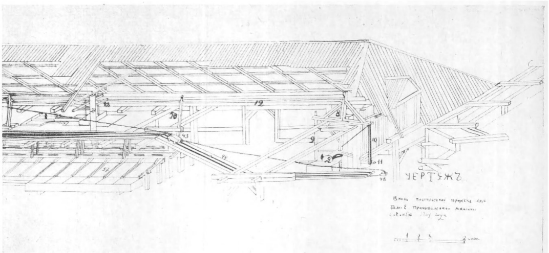 Сохранился чертеж в плохом качестве, показывающий устройство промывочной линии