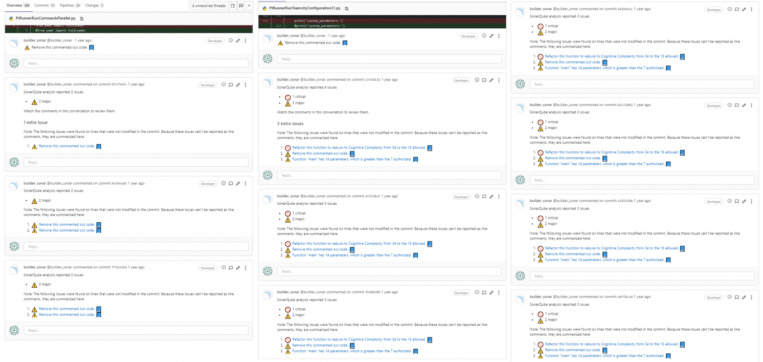 Пример «портянки» сообщений от SonarQube в треде мердж-реквеста GitLab