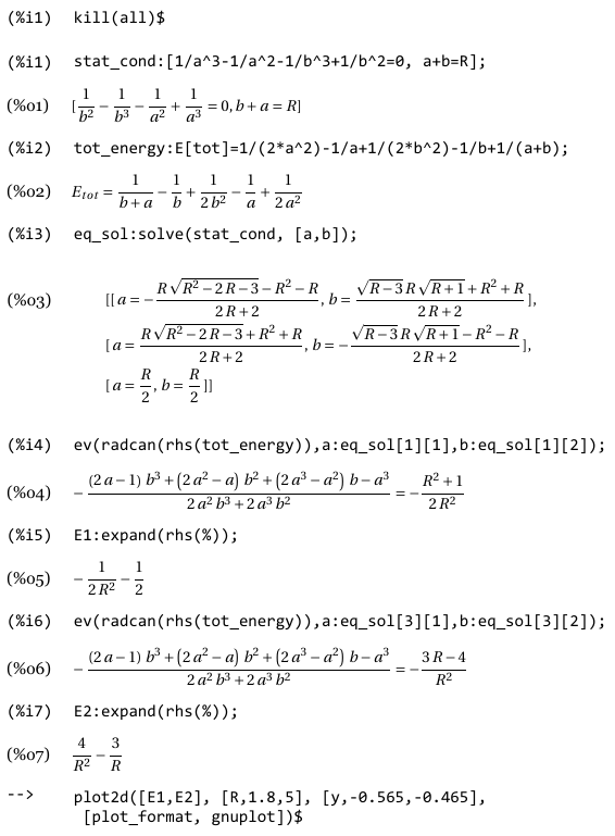 Сессия MAXIMA решения системы уравнений.