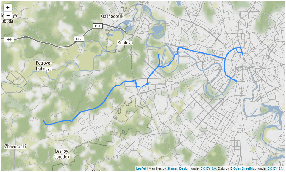 Визуализация трека велотренировки (синия линия) с помощью Folium на картографической основе Stamen Terrain, сфокусированной относительно центроида и по границам экстента трека