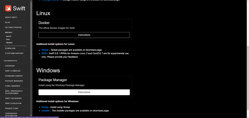 Официальный сайт Swift с инструкциями к установке для разных ОС.