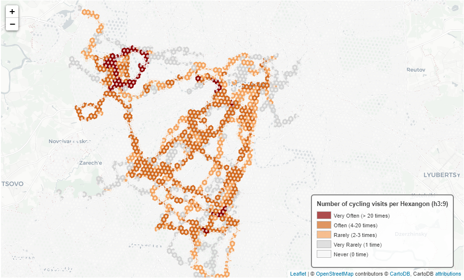 Итоговая карта с наиболее часто посещенными территориями во время активностей связанных с велосипедом в пределах Москвы