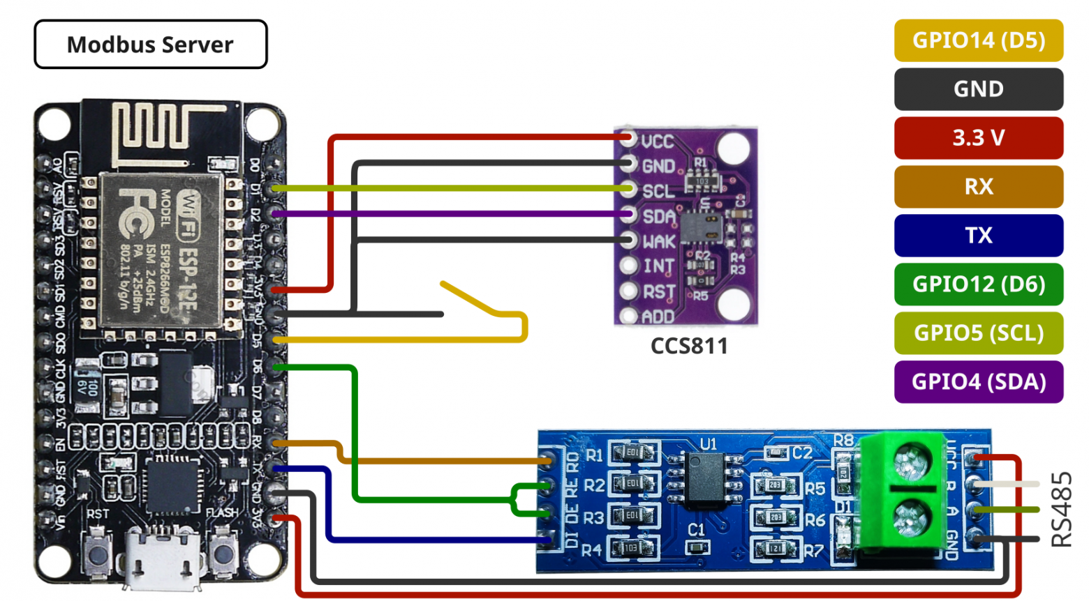 Схема подключения датчика CCS811 и преобразователя UART-RS485