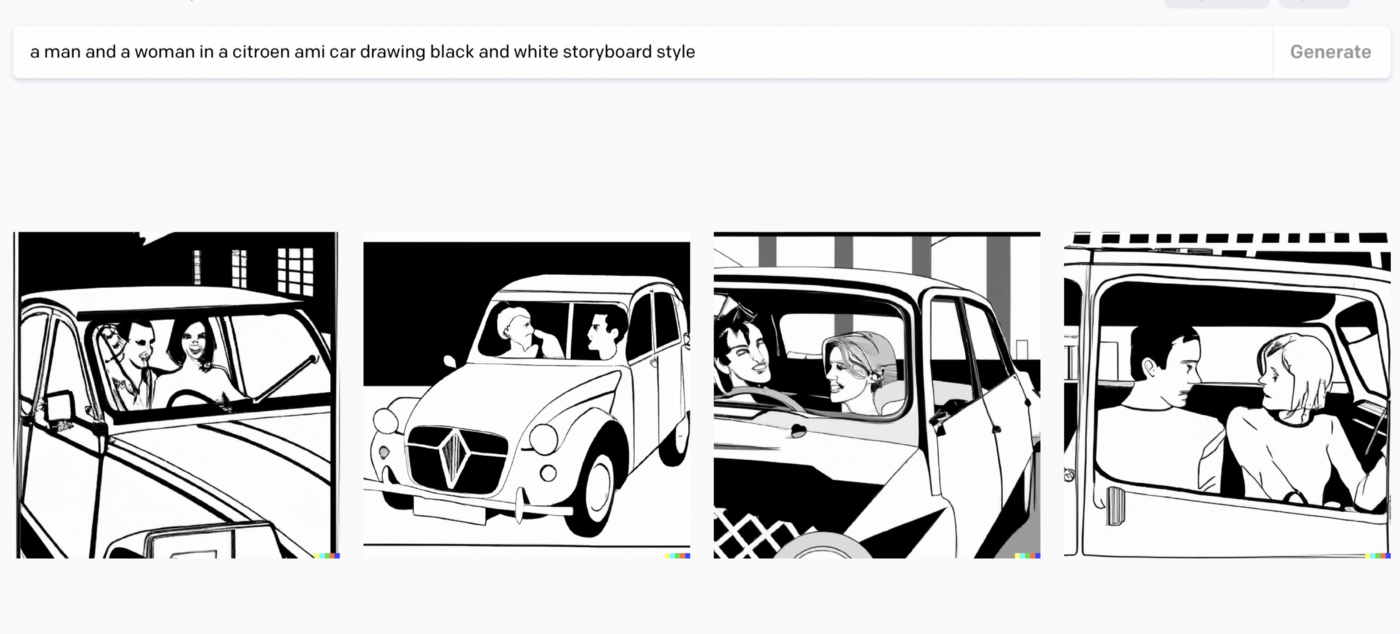 Описание: мужчина и женщина едут в машине Citroen Ami, черно-белая раскадровка