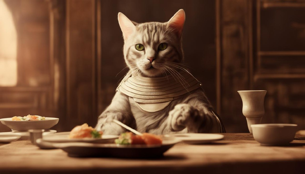 Humanoid cat eats sushi in an restaurant in ancient Egypt, artstation, retro photo, photorealistic