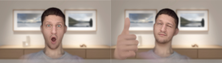 Отслеживание эмоций и рук в приложении Persona Studio (в бесплатной версии и стандартном качестве): слева — только эмоции, справа — эмоции и руки одновременно