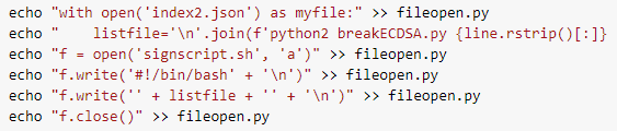 The echo utility creates a Python script for us fileopen.py