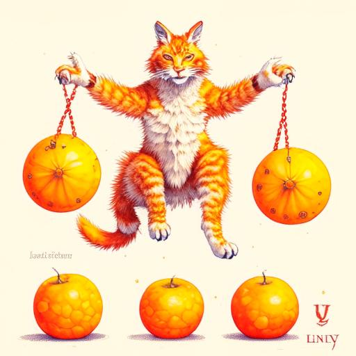Рыжая рысь, жонглирующая пятью апельсинами 